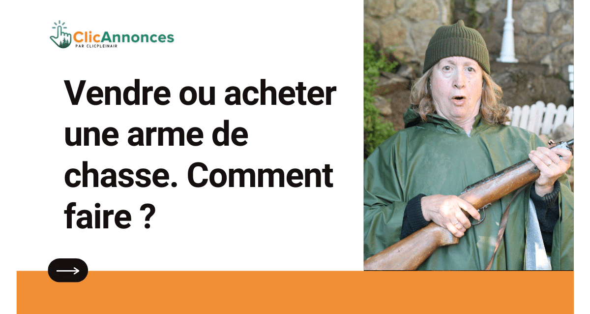 Une dame qui tient une arme à feu dans ses mains et un texte qui dirige vers un article faq sur comment vendre et acheter une arme à feu usagée